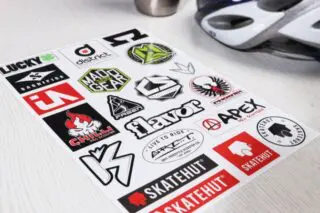 full colour sticker sheet printed on gloss vinyl with permanent adhesive, this sheet is a4 with multiple kiss cut stickers for a skateboarding company