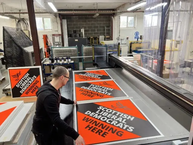 Printing Liberal Democrat election signs in factory in north yorkshire