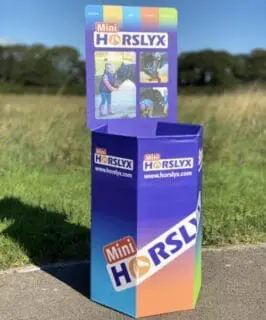 Correx dump bins custom printed with Horslyx artwork and ready for displaying samples or products for use in retail outfits