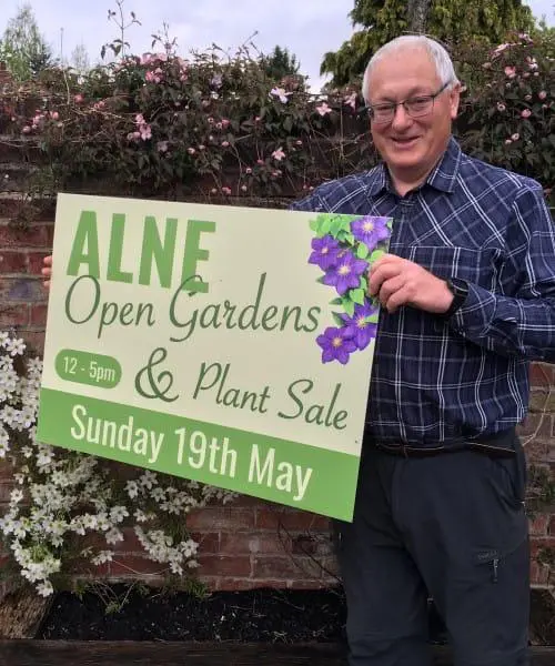 open garden and plant sale in alne village north yorkshire custom printed correx sign ready to be displayed