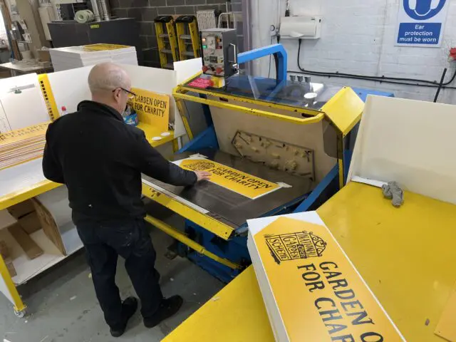Die Cutting signs in factory in North yorkshire