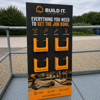 large branded display stand with 4 pockets for leaflet dispensers