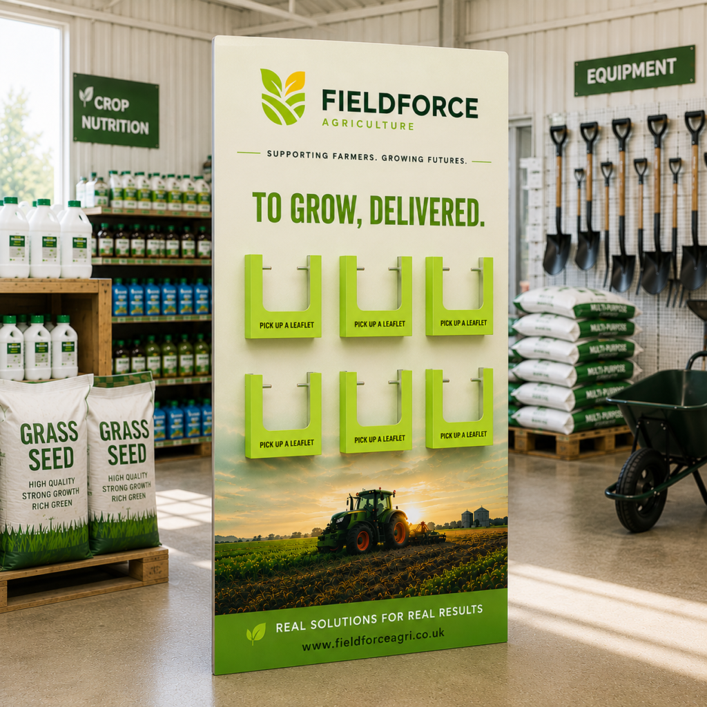Country store custom branded trade stand with leaflet holders