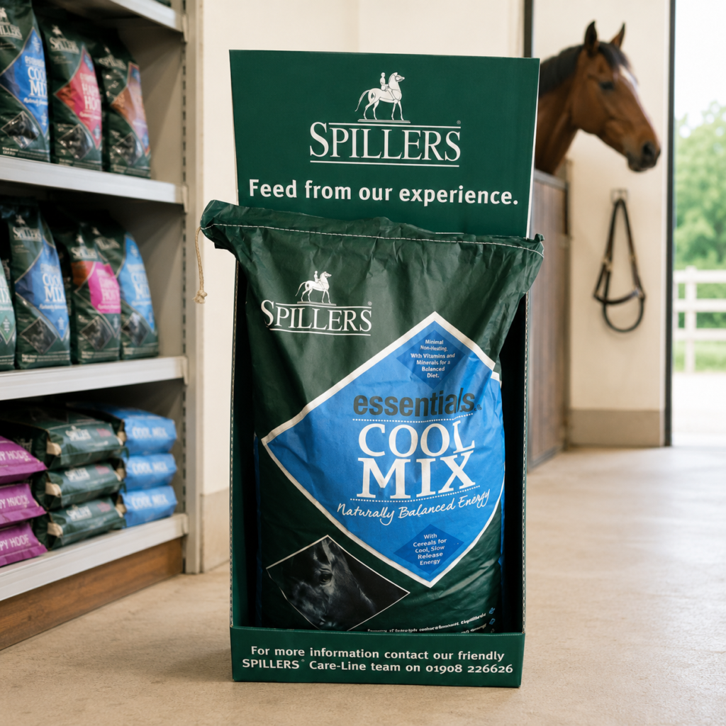 Custom printed feed sack stand for use in country retail stores for horse feed