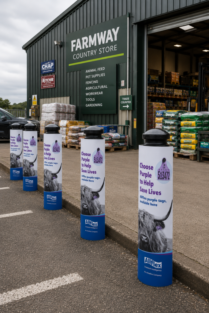 custom printed branded boallard covers used outside a warehouse country store