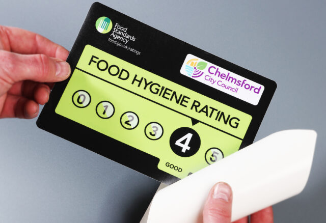 Food hygiene rating vinyl window sticker double sided highlighting the individual outlets hygiene rating score clearly to visitors to the food outlet