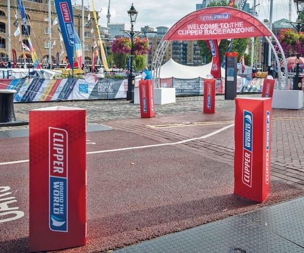 Clipper around the world yacht race custom printed triangular bollard covers for temporary event use.
