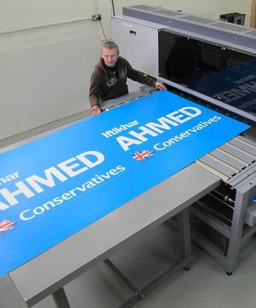 Large format election campaign sign being printed for Conservative candidate
