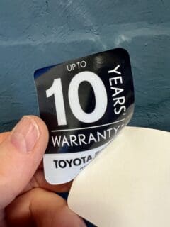 Double sided sticker window sticker for 10 year warranty