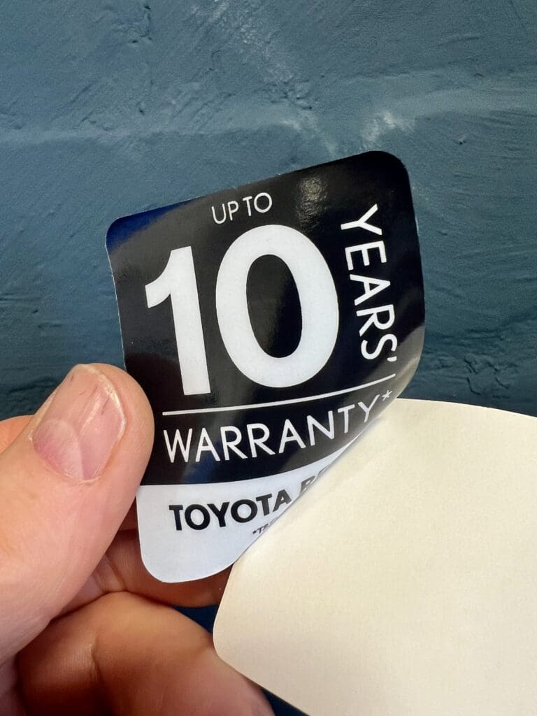 Double sided sticker window sticker for 10 year warranty