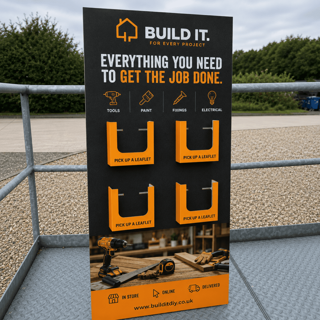 large branded display stand with 4 pockets for leaflet dispensers
