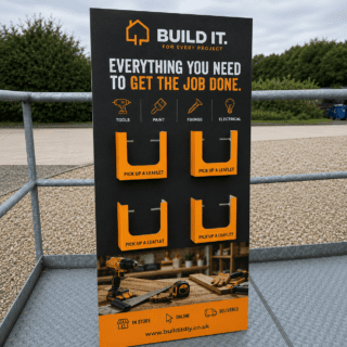 large branded display stand with 4 pockets for leaflet dispensers