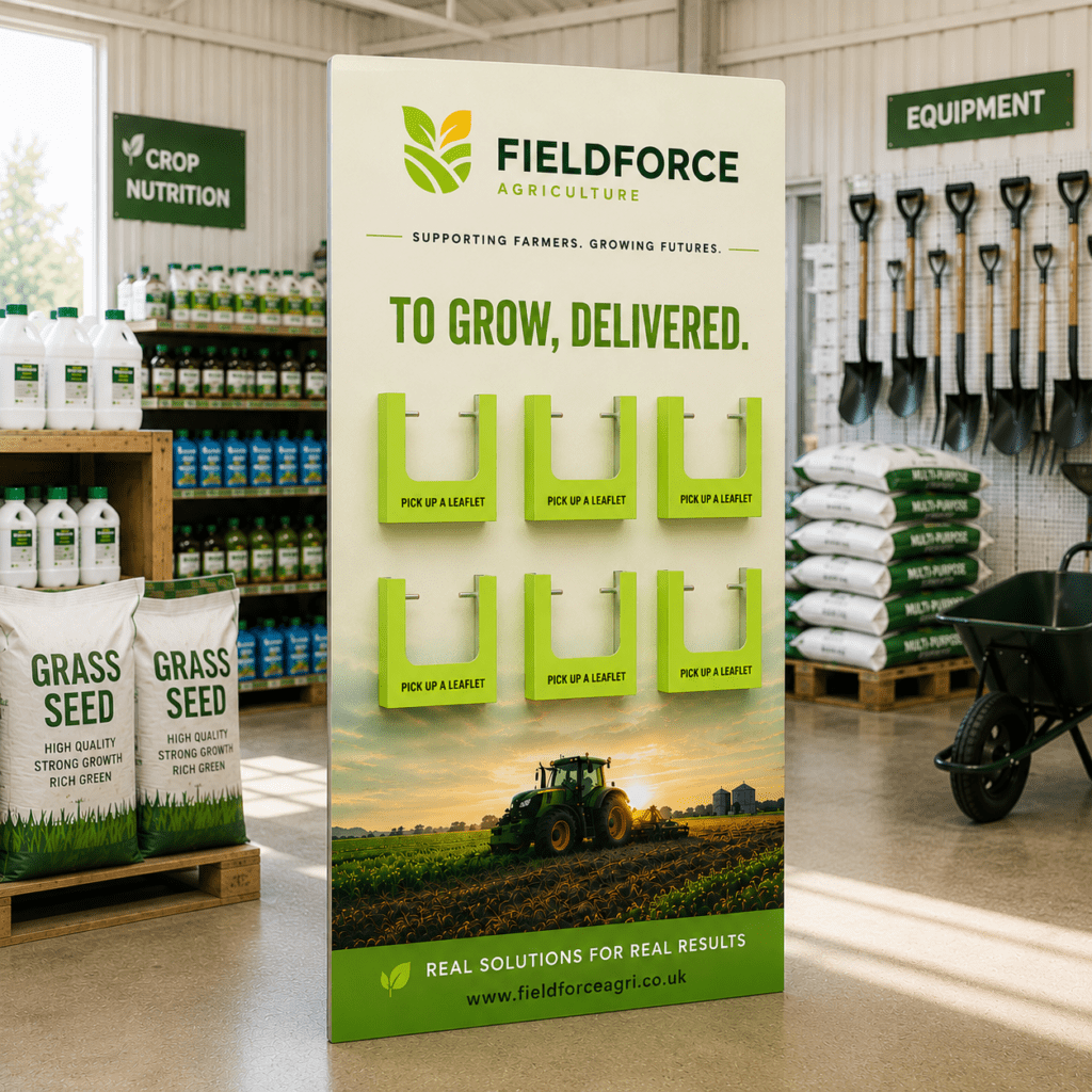 Country store custom branded trade stand with leaflet holders