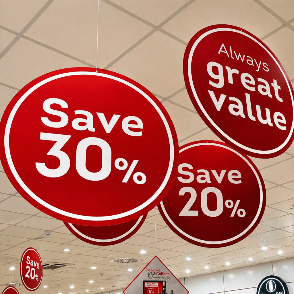 printed ceiling hangers save 30% sale promotion