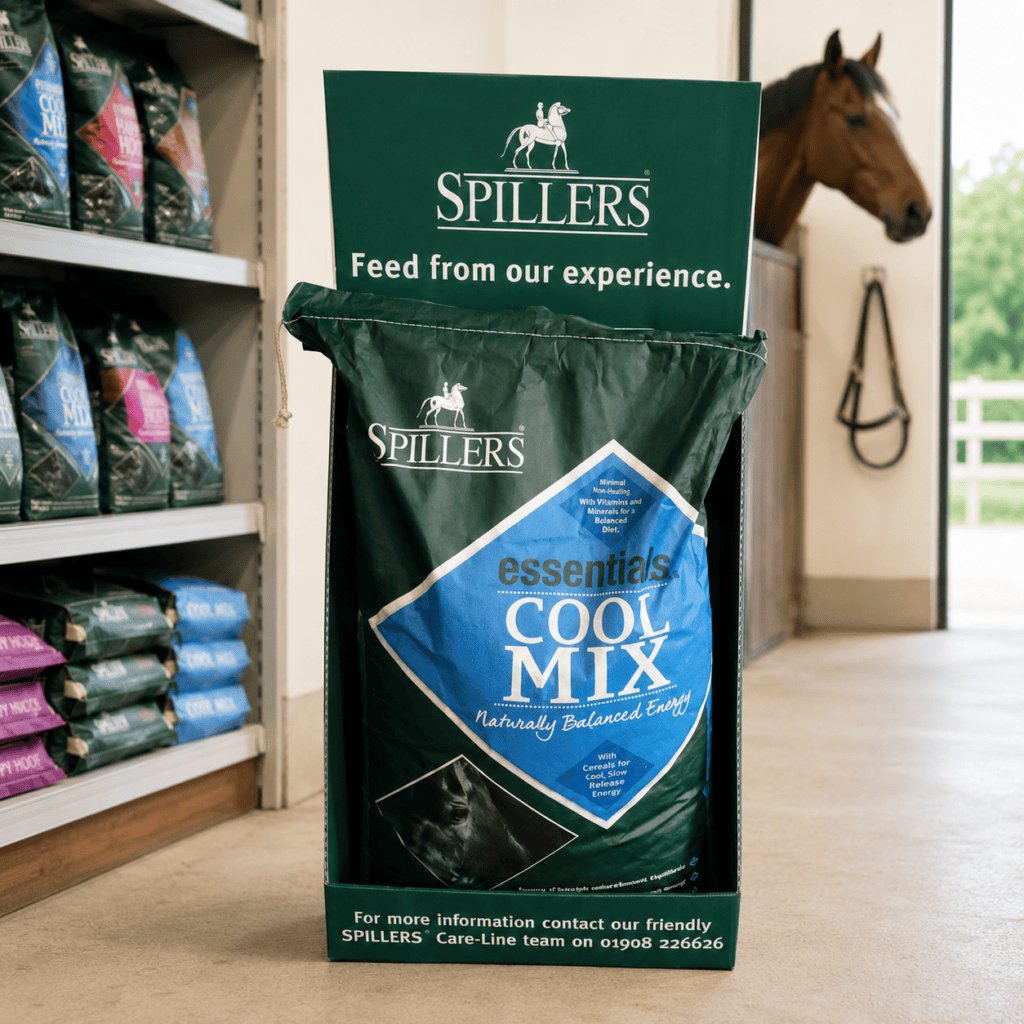 Custom printed feed sack stand for use in country retail stores for horse feed