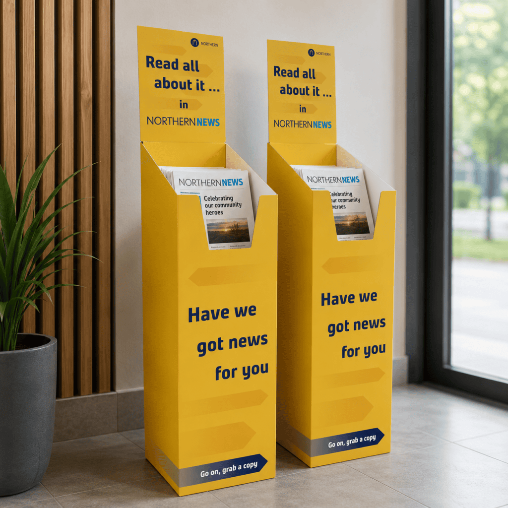 Newspaper floor display stands, in cardboard custom printed